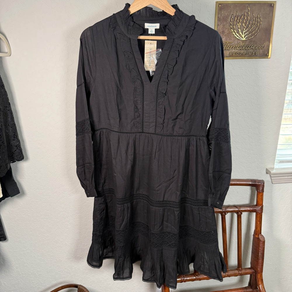 Sundance Black Cotton Blend Crochet Lace Ruffle Tiered Boho Mini Dress Small NEW